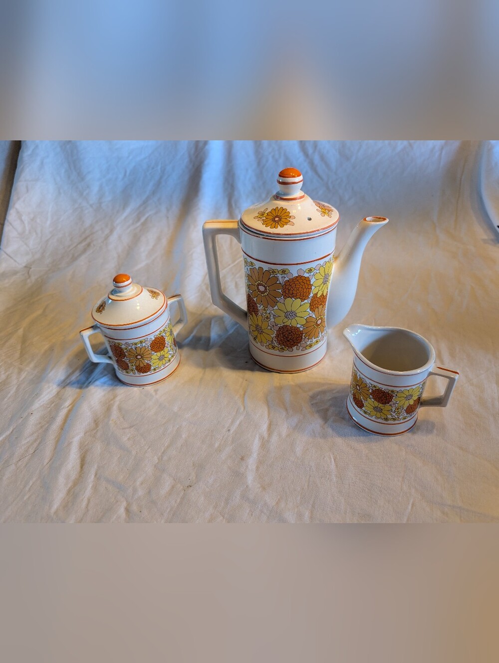 2/80$ Vintage White Ceramic Coffee Pot Set with Orange and Yellow Floral Pattern